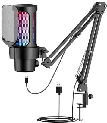 Mavaol USB Microphone, Cardioid Polar Pattern, 192kHz Audio, RGB Lighting, Adjustable Shock Mount, Mute and Gain Control, for Gaming, Streaming, Podcasting (Negro)