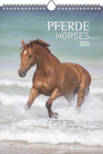 Alpha Edition - Pferde Kalender 2026 – Wandkalender & Bildkalender 24×34 cm mit 12 hochwertigen Pferdebildern, 4-sprachigem Kalendarium, Geschenkidee & Deko für Pferdeliebhaber, Reiter & Stall: Horses