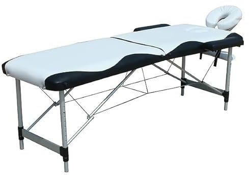 Mucola Massageliege 2 Zonen Massagetisch Aluminium | klappbar und höhenverstellbar | Portable Massagebank inkl. Zubehör Kopfstütze, Armlehnen und Tragetasche - Weiß/Schwarz