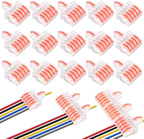 15 Stück Verbindungsklemme, 1 in 5 Raus Kabelverbinder mit Hebel, Kabelklemmen Elektro Kombinierbare, Verbindungsklemmen für Flexible und Starre Kabel Verbinden