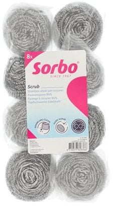 Sorbo RVS Topfreiniger – Set mit 8 Edelstahlschwämmen à 40 g – Extra stark & langlebig – Für eingebrannte Pfannen, Grill, Backofen, Herd – Metall-Scheuerschwämme für Intensive Reinigung