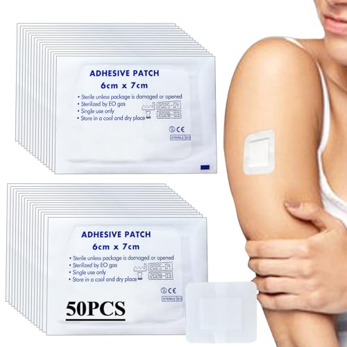 50 Pcs Non-Woven Adhesive Wound Dressings with Absorbent Pad, 6cm x 7cm Sterile Plasters for Wounds First Aid, Individually Wrapped 