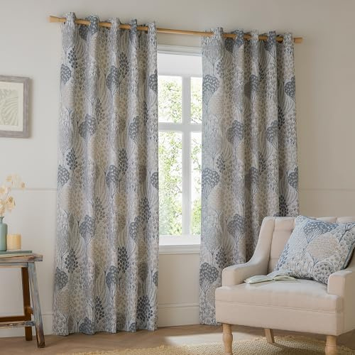 furn. Wylder Ophelia Room Darkening Eyelet Curtain Pair – Bold Botanical Floral Jacquard Drapes (Wedgewood - L 137 x W 117cm - 2 Panels)