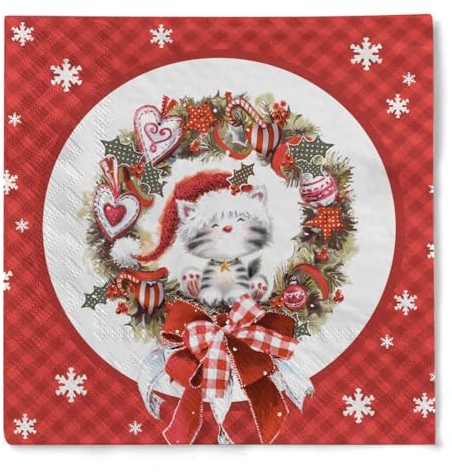 HAPPY PAPER Weihnachtsserviette KITTY CAT aus 3-lagigem Tissue, 1/4 Falz, 33x33cm, 20 Stück – Design: niedliches Kätzchen umrahmt von festlichem Weihnachtskranz