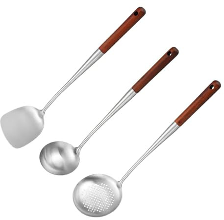 Juego de 3 espátulas para wok, cuchara de espuma de acero inoxidable, mango de madera resistente al calor, espátula y cucharón para wok, cuchara de acero inoxidable, juego de utensilios de cocina