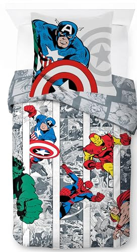 Jay Franco Marvel Avengers Comics Bettwäsche-Set – Superweiche Kinder-Bettwäsche mit Kissenbezug, NUR BETTBEZUG (Füllung Nicht enthalten), Iron Man, Captain America, Mehrfarbig, 2-teilig Einzelbett