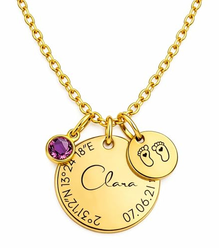 BS Schmuckdesign Namenskette Damen personalisierte Kette mit Gravur – Taufkette mit Name, Datum & Koordinaten, Geburtsstein & Symbol, Wunschgravur hinten Geschenk (Gold)