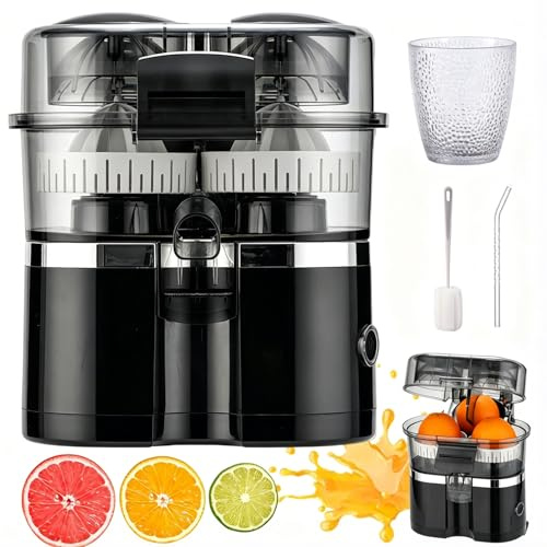 Dual-Head Automatic Citrus Juicer, 100W Citrus Juicer Electric, Built-In Cutter, Juice Press with 18000 RPM Motor for Oranges, Lemons, and Limes, Easy to Clean & Use (A)