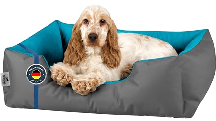 BedDog Hundebett LUPI, Hundekissen mit Abziehbaren Waschbaren Bezug, Hundekorb, Hundesofa, für Kleine Hunde, S, grau-blau