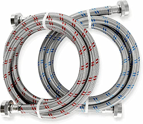 K&J Premium Stainless Steel Washing Machine Hoses Burst Proof - Hot and Cold Water Supply Hoses for Washing Machines (6ft)