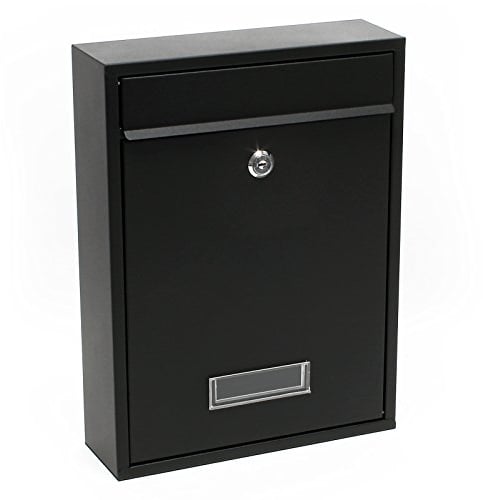 Wiltec Briefkasten schwarz V10 Postkasten mit Namensschild, großem Briefschlitz und 2 Schlüsseln Wandbriefkasten aus pulverbeschichtetem Stahl