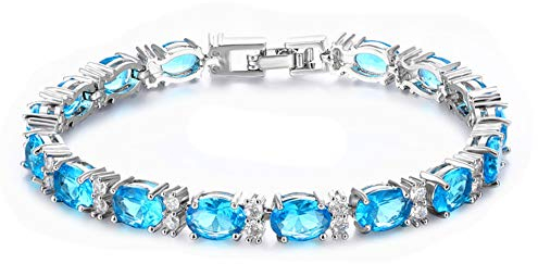 Deyanse Armband Damen, Tennis Armband, 18K Weißgold Vergoldet Tennisarmband mit Oval & Rund Zirkonia Geburtsstein, 18.5cm Armkette, Oval Aquamarin Blau Charm Armband mit Geschenkbox für Frau Mutter