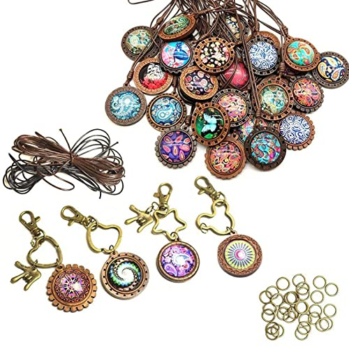 DAHI Anhänger Tablett Lünette mit Glas Cabochon Retro Glaskuppel Bastelset für DIY Souvenir Dild Medaillon Halskette Geschenk Schmuckherstellung … (Holz Plus)