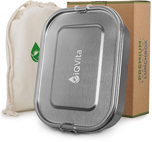 iQVita Brotdose Edelstahl - 1400ml - 100% Auslaufsicher - Lunchbox Edelstahl - Mit Fächern - Für Kinder und Erwachsene - inkl. Trennwand, Ersatzdichtung & Baumwollbeutel