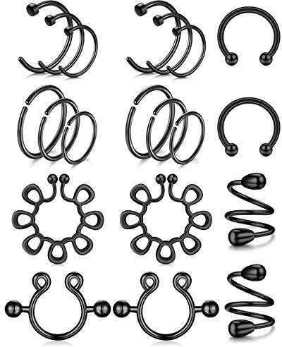 AceFun 10 Paare Brustwarzenpiercing Fake Nippelschmuck Ohne Piercing - Schwarz Edelstahl Nippel Ringe Body Schmuck für Frauen Männer