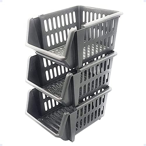 St@llion Set of 3 Small Silver Plastic Stackable Basket Multi-Purpose Storage Kitchen Shelves Veg Rack Fruit Storage Stand Stacking Shelves Stationary Basket (Pack of 1)