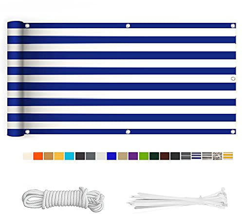 HERILIOS Balkon Sichtschutz, Balkonabdeckung 220 g/m² Innen Balkonverkleidung UV-Schutz (210Größen&21Farben) mit Ösen Kabelbinder und Kordel für Balkongeländer Terrasse,70X600CM Blau-weiß gestreift