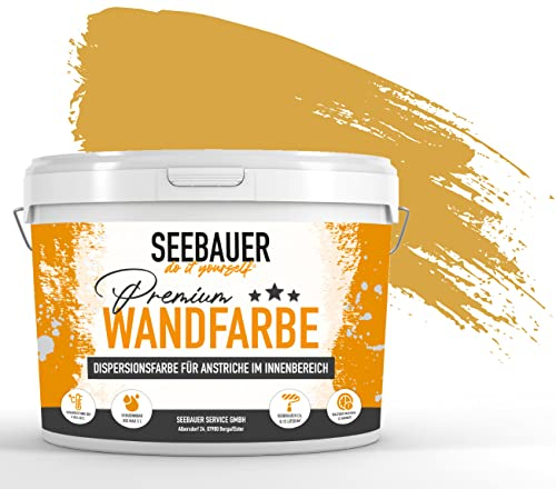 SEEBAUER diy Wandfarbe Gelb 5L für Innen (No. 444 Maple Leaf) Edelmatte senfgelbe Innenfarbe - Gelbtöne sehr hohe Deckkraft - Matt, Abwaschbar und Tropffrei