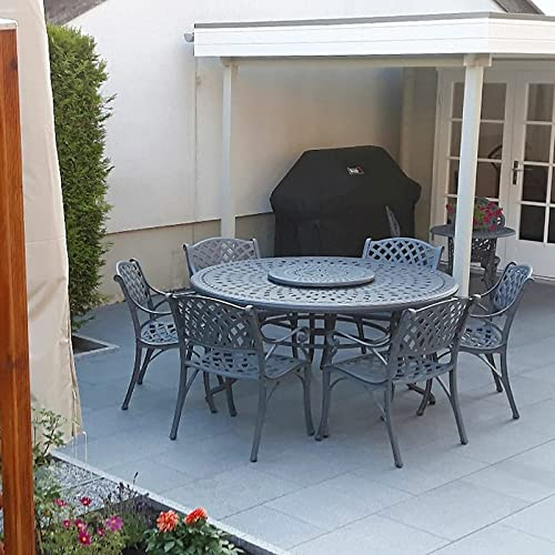Lazy Susan 150 cm Frances Gartentisch in Schiefergrau mit 6 Kate Stühlen mit beigen Sitzkissen | Nachhaltiges Sandguss-Aluminium | Wetterfest | Rostfrei | Wartungsarm | 3 Jahre Garantie