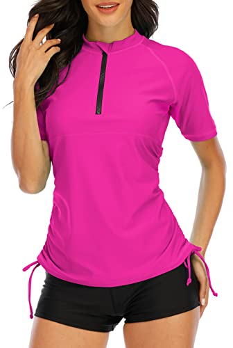 Halcurt Rash Guard Shirt Damen Neoprenanzug Badeoberteile Surf Shirt Zip Surf Top Pink
