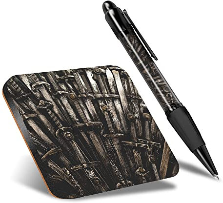 DV DESIGN 1 x Eco Square Coaster & 1 Pen Set - Throne Medieval Swords Game Geek Drink Cup Mug Glass Table Protection Mat #14814