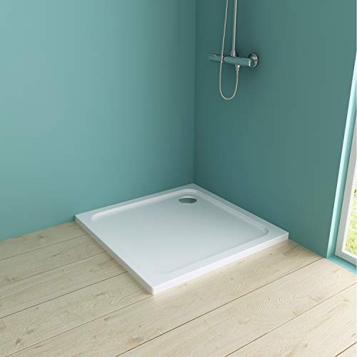 IMPTS Duschwanne 90x90 cm,Duschtasse aus langlebigem Sanitäracryl Duschtasse aus Sanitäracryl in Weiß Quadratisch extra Flach kratz- & rutschfest, inkl. Ablaufgarnitur