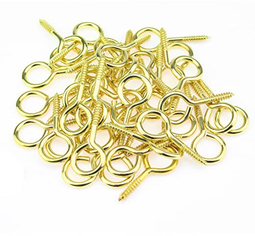 HELIFOUNER 40 Pieces 14# Screw Eyes, Screw in Eye Hooks, Metal Screw Eye Pins Hooks, Brass Plated Steel Screw Eyes, Gold