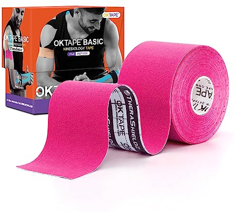 OK TAPE Ruban de Kinésiologie, ruban athlétique élastique en coton original de base pour le soutien et la récupération, sportif thérapeutique pour soulager la douleur, 5cm x 5m non-coupé,Rose