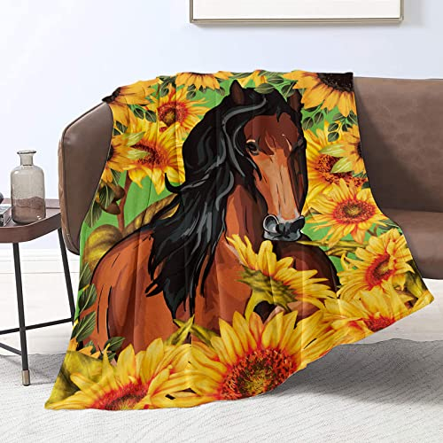 Domgoge Pferdedecke Flanell Fleecedecke Pferd Decke Sonnenblumen Blumen Kuscheldecke für Erwachsene Frauen Flauschig Tier Decken für Sofa Couch, 130cm x 152cm