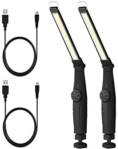 Lámpara de trabajo LED, giratoria 360°, recargable, linterna de taller, luces de inspección COB con imán y gancho para reparación de coche, taller, camping (2 unidades, negro)