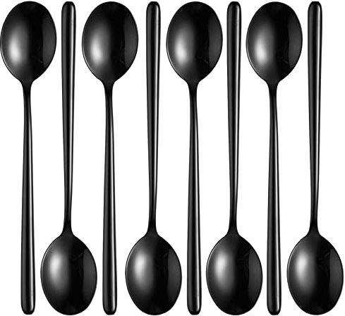 Ouliget Cuchara de sopa negra de acero, cucharas circulares de mango largo, cuchara de sopa coreana de mango largo, 8 piezas, 8.7 x 1.6 pulgadas.