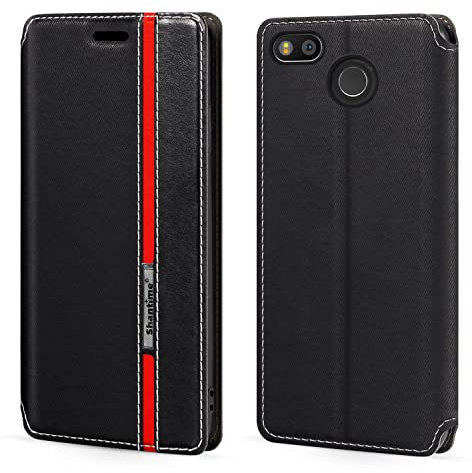 PU Leder Flip Hülle mit Farbakzent und Unsichtbarem Magnetverschluss Kompatibel mit Fairphone 3, Schlanke Modische Schutzhülle (Schwarz)
