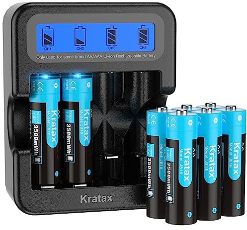 Kratax Akku 1,5V AA Wiederaufladbare, 8 Stücke 1,5V AA Akku mit Schwarzem LCD-Display Ladegerät, 3500mWh mit 1600 Ladezyklen, Kompatibel mit Blink Camera Xbox Controller