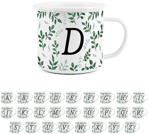 Foliage Letter D Mug -White Initial Personalised Alphabet Novelty Durable Hot Drinks Outdoor Cup for Travel Picnics Home Hiking