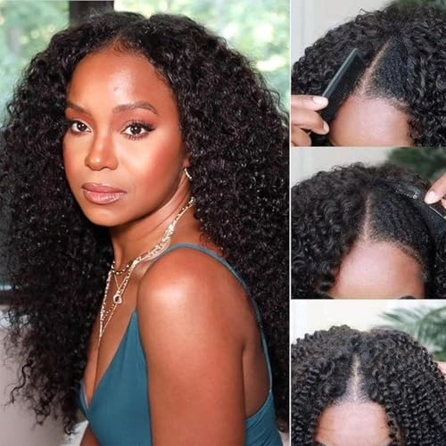 V Part Human Hair Wig for Women - 10A Upgraded 150% Density Natural Color Kinky Curly Half Wig 18 Inch Beginner Friendly