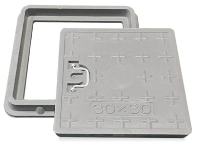 NATOTELA Manhole Cover and Frame Fiberglass-300x300mm Square Septic Tank Lid Access Inspection Cover Reinforced Steel Embedded Sewer Cover with Handle Non-slip Solid for Patios Pavement Basement Gray