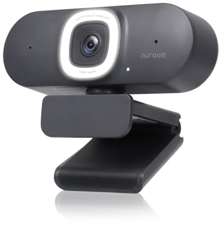 Nuroum V15AFL 2K Webcam mit Ringlicht, Autofokus 1080P 60fps PC Kamera mit Mikrofon, 75°Sichtfeld/Rauschunterdrückung/Lichtkorrektur, Streaming Kamera USB Plug&Play für OBS/Zoom/Teams, Laptop/Desktop