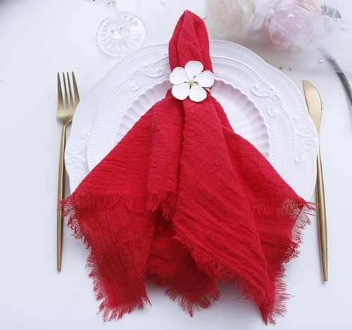 Stoffservietten mit Fransen, 100 % weiche Baumwolle, für Frühling, Ostern, Gaze, waschbare Servietten für Hochzeit, Dekoration, Dinnerpartys, 40,6 x 40,6 cm, Rot, 12 Stück