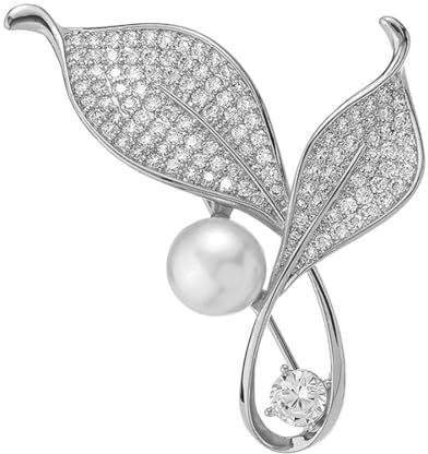 Prosy Vêtements Perle Broche Partie Robe Cristal Strass Feuille Broche Élégant Collier Pins Accessoires pour Femmes et Filles (Argent)