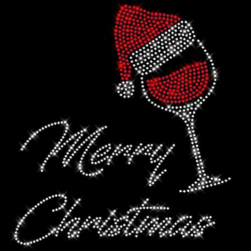Glitzerdeals Bügelbilder Karneval Strass Weihnachten Merry Christmas mit Weinglas Aufbügler für Textilien Weihnachten Bügelmotiv Merry Christmas Strass Bügelbild Weihnachten