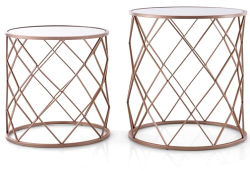 CASART Round End Table Set of 2, Stackable Coffee Table with Glass Mirror Top, Metal Frame Accent Side Tea Table for Home Living Room Bedroom Office, Rose Gold