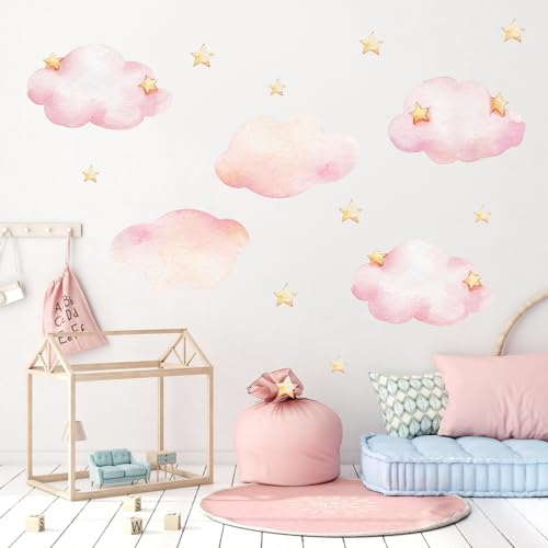 Stickers Muraux Nuages et Étoiles, Roses Amovibles Autocollants Muraux Vinyle Art Mural Décalcomanies pour Enfants Chambre de Bébé Chambre à Coucher Salon Décoration d'Intérieur Cadeau