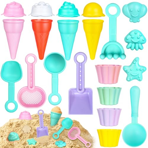 Juguetes de Playa para Niños, Juego de 21 Piezas de Juguetes de Playa, Juguetes para Arenero niños con Moldes de Arena, Helado, Pala de Arena, colador pequeño, Juguete de jardín a Partir de 3 4 5 6 7