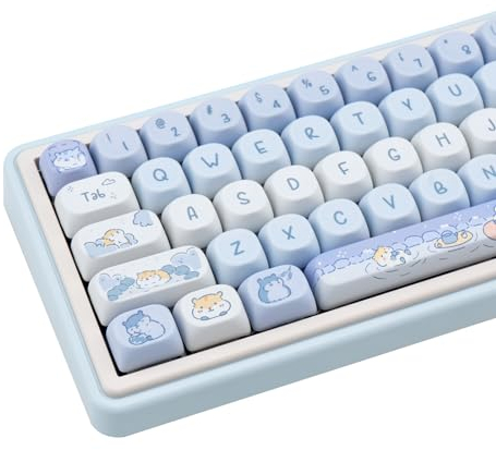 TIMSEKER Hellblaue Hamster-Tastenkappen, Kawaii, dickes PBT-MOA-Profil-Tastenkappen, Farbstoff-Sublimation, benutzerdefinierte Tastenkappen, 132 Tasten, weißes und blaues Design für ANSI-Layout,