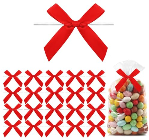 Moguri 20pcs kleine Schleifen,Mini Schleifen aus vorgebundenem Satinband,Schleifen zum Binden für Leckerli Tüten,vorgefertigte Schleifen für Geschenk DIY Keks Bonbontüten,Rot