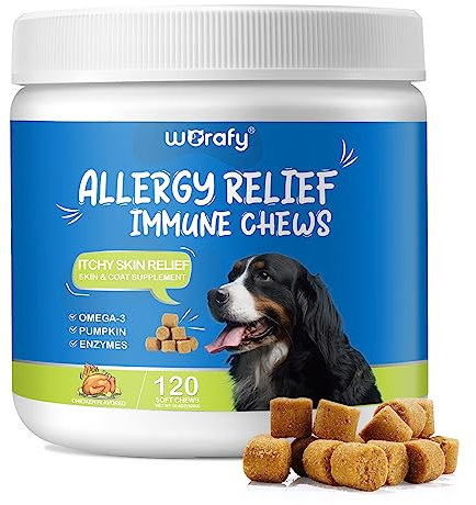 Prurito Cane Compresse, Antiallergici Per Cani, Integratori per il sollievo della pelle pruriginosa dei cani per fermare il prurito, il leccamento e il grattamento per tutte cani, 120 masticatori