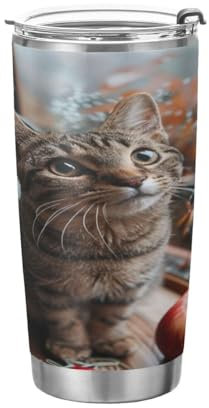 JUMBEAR Vaso de acero inoxidable aislado al vacío de 590 ml, diseño de gato y manzanas, vaso térmico de doble pared con recubrimiento en polvo, a prueba de derrames, taza térmica para el hogar y
