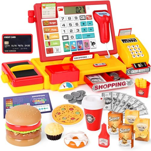 Jouet Caisse enregistreuse avec vraie calculatrice pour enfants-Jouet d'apprentissage Cadeau pour enfants, Jouet de maison avec Fast-food Burger/Musique/Scanner/Carte de crédit/Faux billets/Microphone