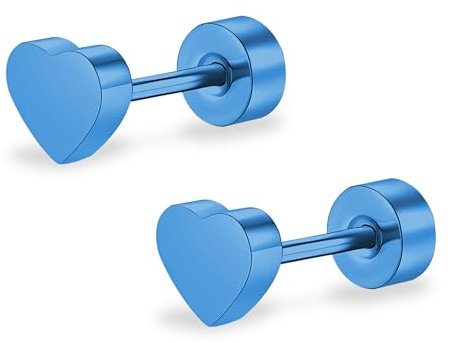 ZDE Titan Damen flach zurück Herz Ohrringe Frauen Nicht-Nickel Ohrringe hypoallergen Knorpel Ohrstecker für empfindliche Ohren einfache klassische 5mm flach Ohrstecker (Heart-Blue)