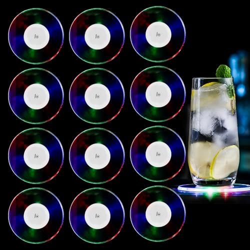 12 Stück Bunt LED Untersetzer, 3 Beleuchtungsmodi Leuchtende Untersetzer, Acryl Rund wasserdichte Leuchtuntersetzer, LED Untersetzer für Gläser, Untersetzer Leuchtend für Gläser Flaschen Party